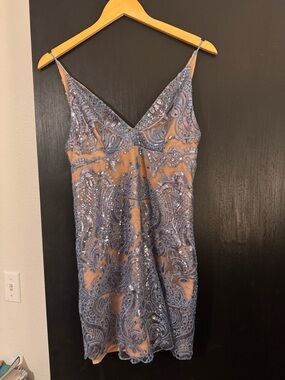 Embellished Spaghetti Strap Cocktail Dress in Light Blue